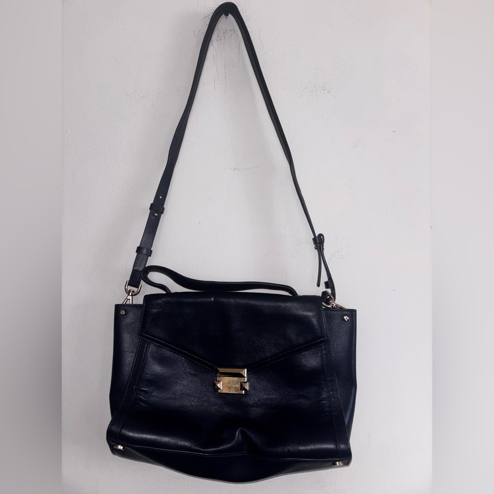 Michael Kors Navy Blue  Leather Shoulder Bag with Gold Accents